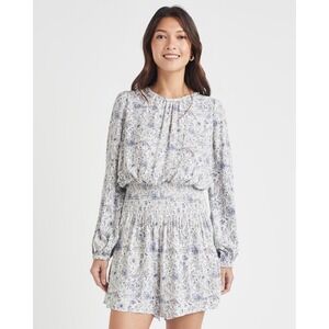 Splendid Womens Romper Mini Dress Blue White Floral Smocked Waist Long Sleeve S